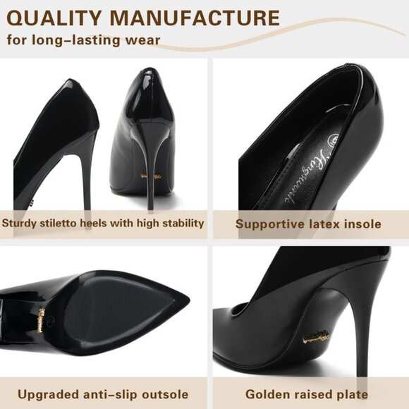 Womens Black Polyurethane (PU) Pointed Closed Toe Slip On Heels Leather Pumps - Picture 2 of 8